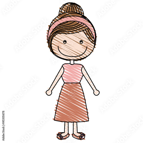 color pencil drawing of caricature collected hairstyle woman with shirt and skirt vector illustration