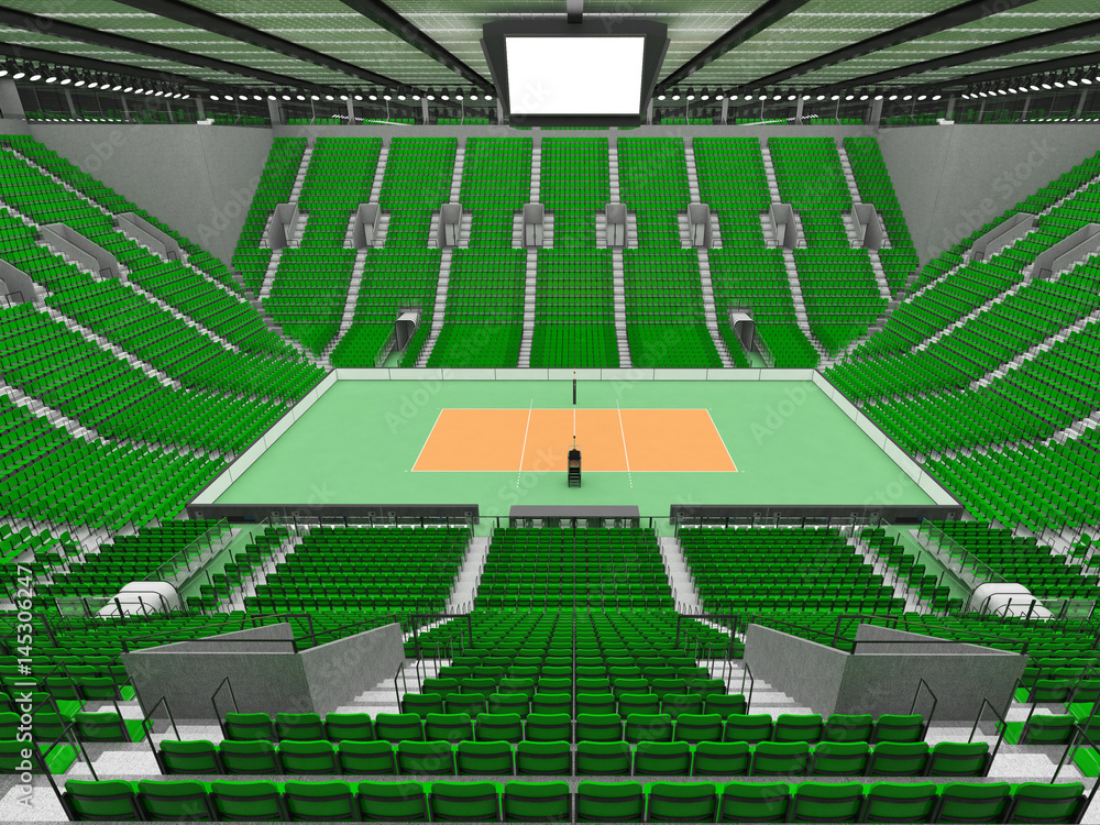 3D render of beautiful sports arena for volleyball with green seats and VIP boxes