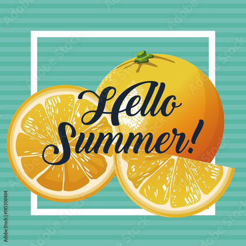 hello summer orange fresh fruit poster vector illustration eps 10