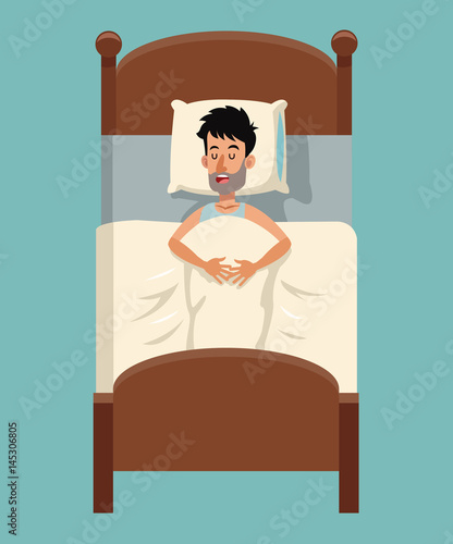 cartoon tousled man sleep in bed vector illustration eps 10