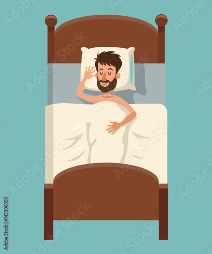 cartoon beard man sleep covered blanket in bed vector illustration eps 10