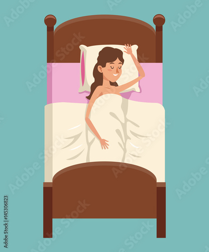 cartoon woman shirtless smile sleeping in bed vector illustration eps 10