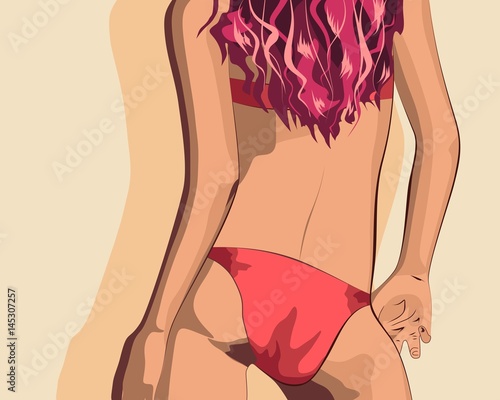 Beautiful sexy fitness girl. Pretty fit woman posing. Vector illustration. Red swimsuit