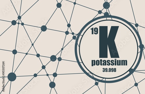 Potassium chemical element. Sign with atomic number and atomic weight. Chemical element of periodic table. Molecule And Communication Background. Connected lines with dots.