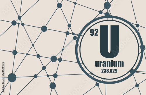 Uranium chemical element. Sign with atomic number and atomic weight. Chemical element of periodic table. Molecule And Communication Background. Connected lines with dots.