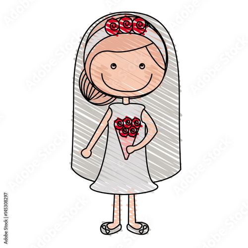 color pencil drawing of caricature woman in wedding dress with collected hairstyle vector illustration