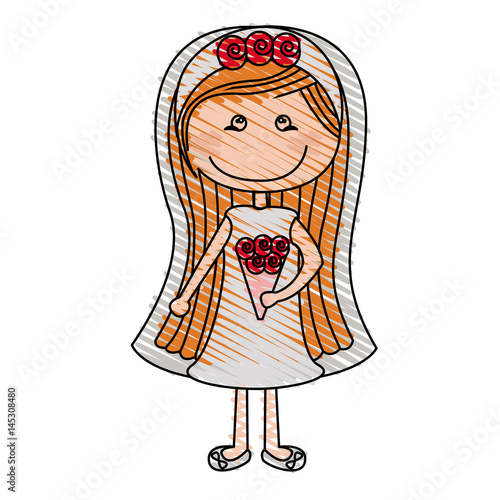 color pencil drawing of caricature woman in wedding dress with orange long hairstyle vector illustration