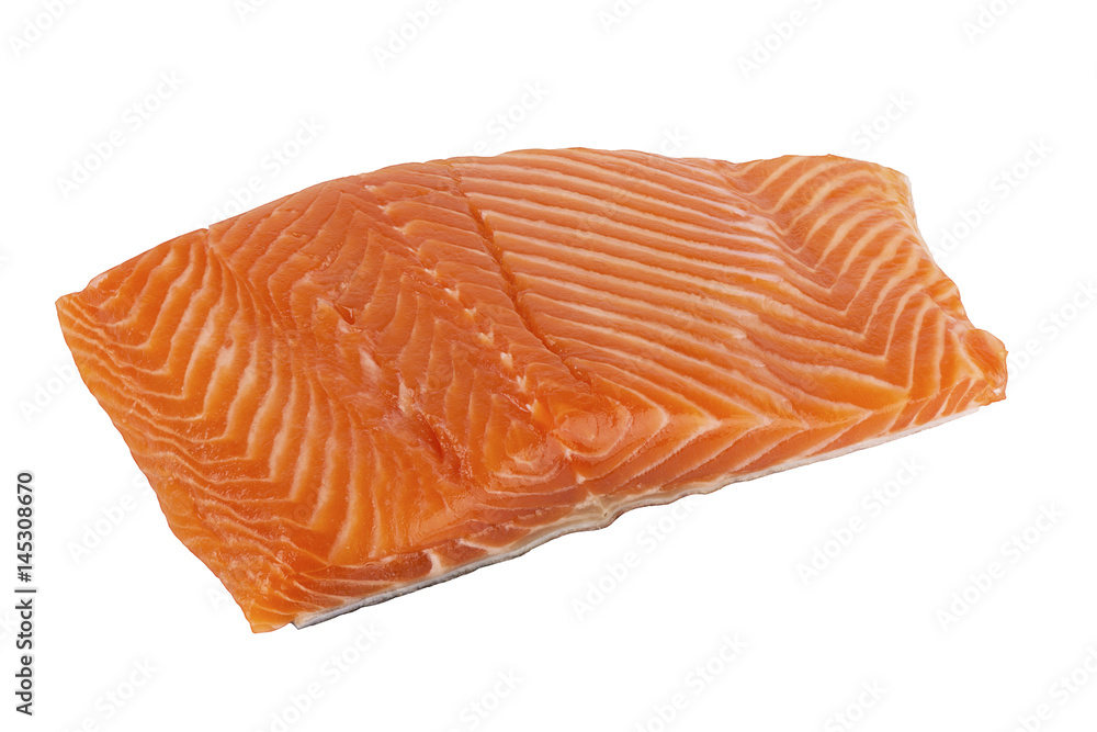 Delicious portion of fresh salmon fillet isolated on white background. Delicious portion of fresh salmon fillet isolated on white background.