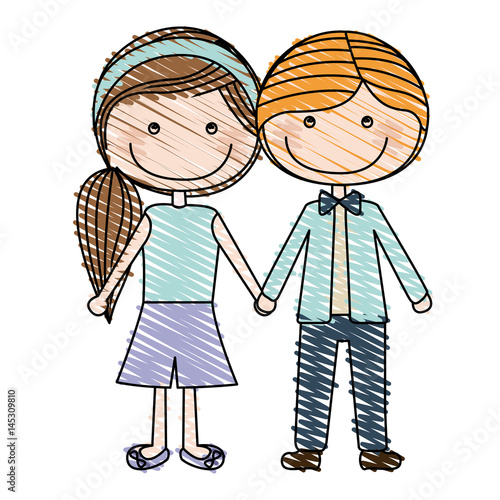 color pencil drawing of caricature blond male hair and female side hairstyle with taken hands vector illustration