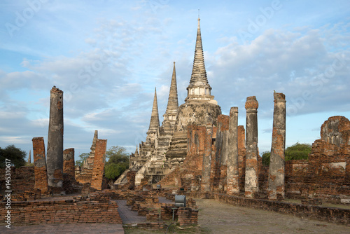 Cloudy early morning on the ruins of the Buddhist temple of Wat Phra Si Sanphet. Ayutthaya. Thailand