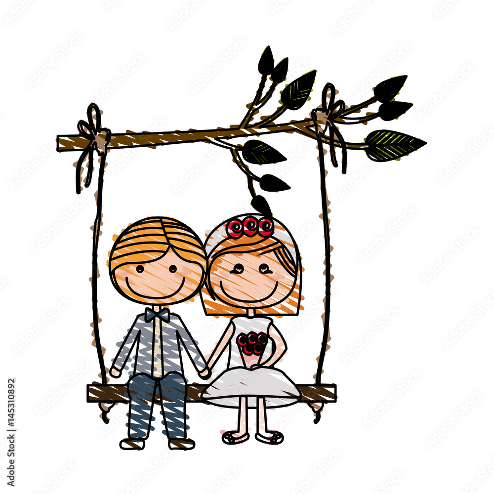 color pencil drawing of caricature married couple in love sit in swing  hanging from a branch vector illustration Stock Vector | Adobe Stock