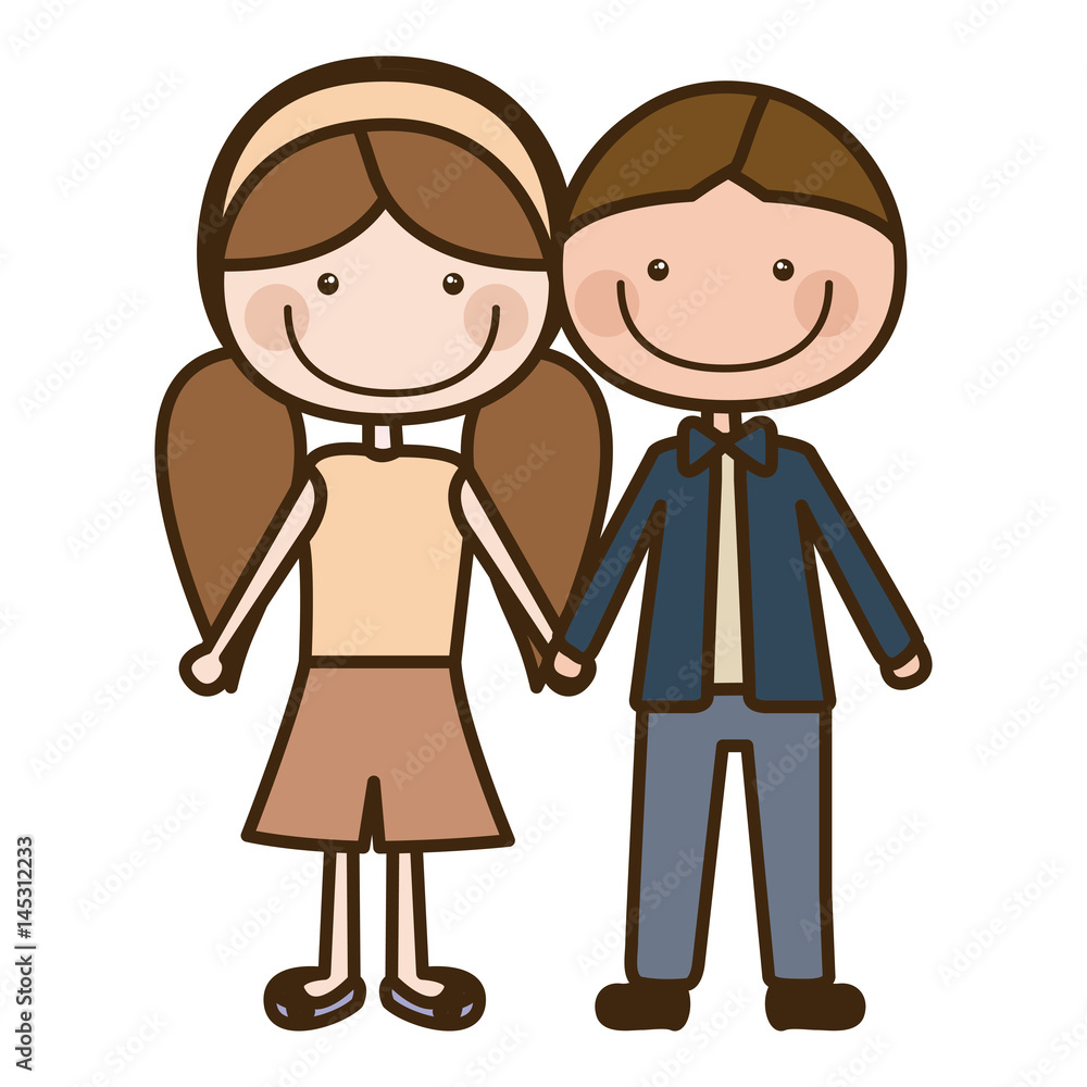 color silhouette cartoon brown boy hair and girl pigtails hairstyle with taken hands vector illustration color silhouette cartoon brown boy hair and girl pigtails hairstyle with taken hands vector illustration