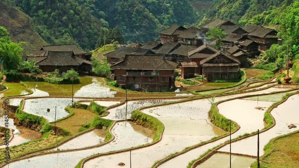 Village and Terraced Rice Field - Jiabang, Guizhou Province, China.