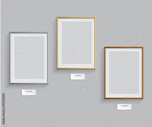 Golden, silver and bronze frames isolated on grey background. Vector illustration. Podium frames.