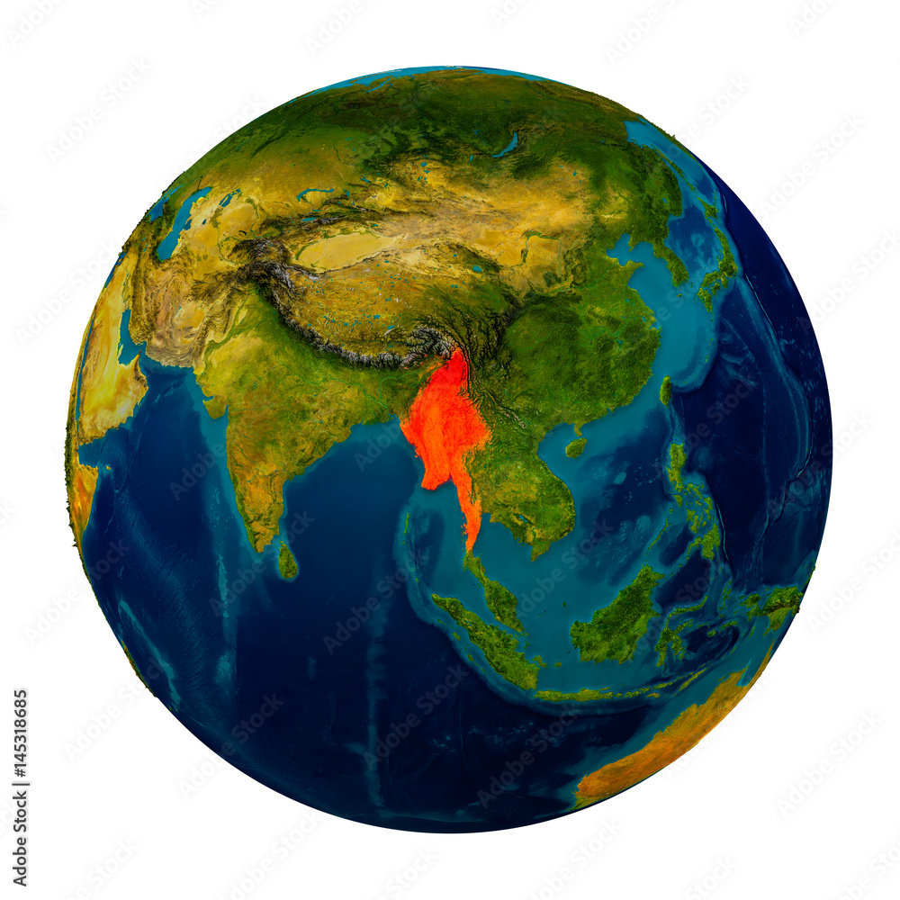 Myanmar highlighted on globe