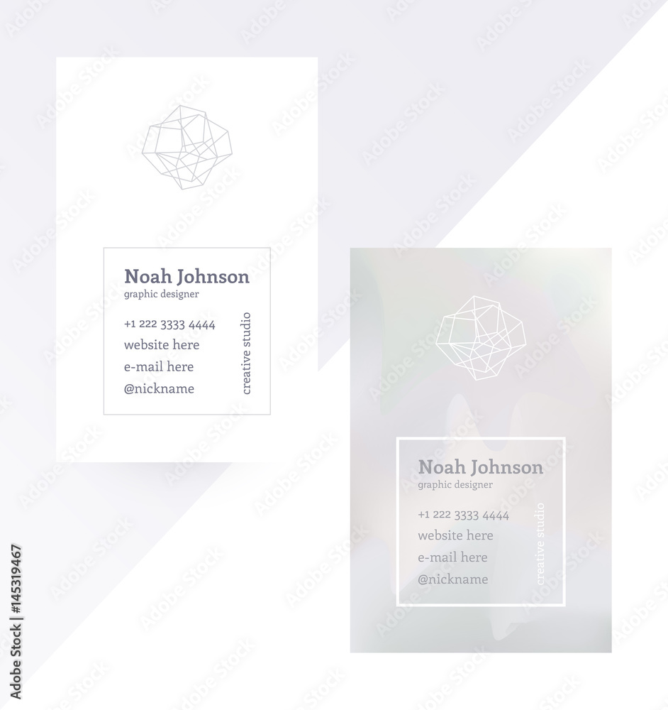 Gray double-sided business card with a crystal logo. Polygonal shape. Corporate identity template. Blurry holographic background. Chatoyant backdrop.Vector. EPS 10. Nacreous pearl pastel colors.