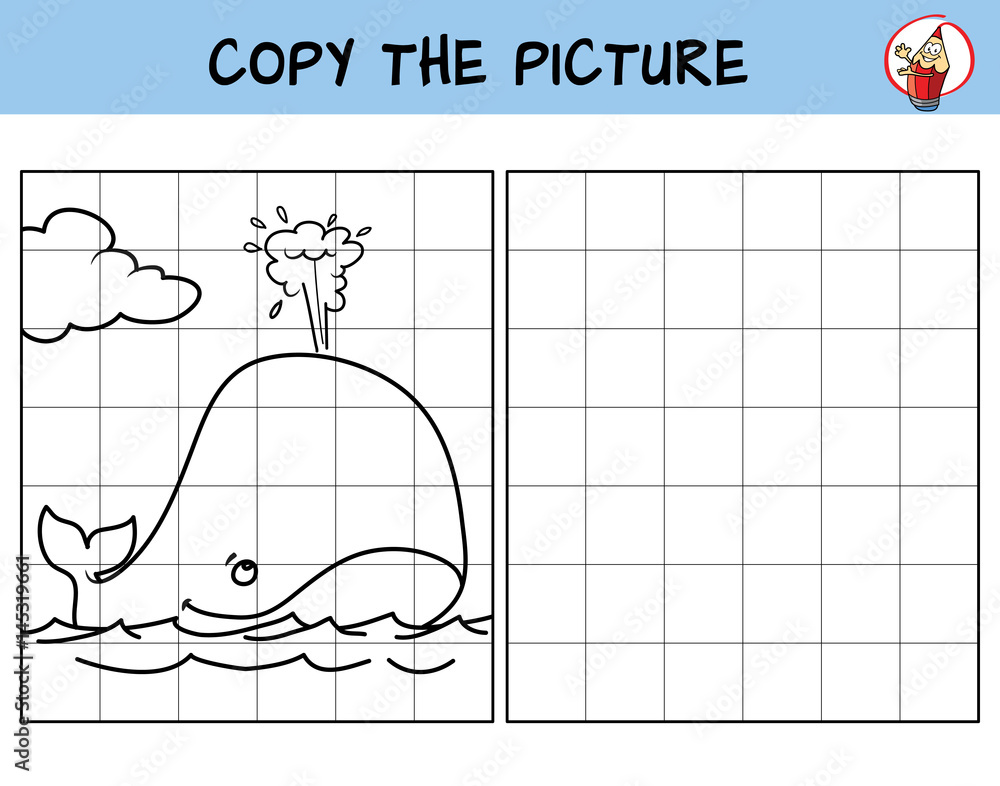 Obraz premium Whale in the ocean. Copy the picture. Coloring book. Educational game for children. Cartoon vector illustration