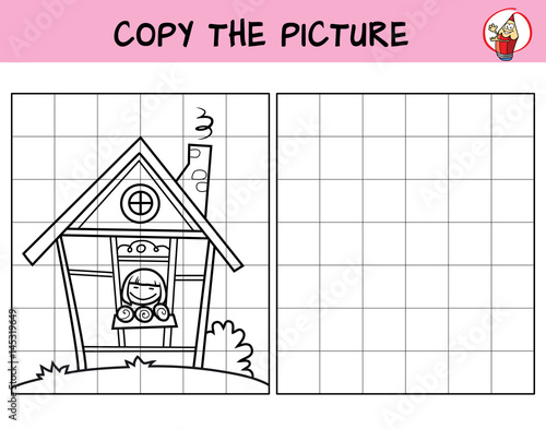Happy little girl in small house. Copy the picture. Coloring book. Educational game for children. Cartoon vector illustration