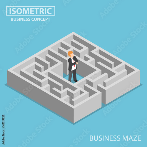 Isometric confused businessman stuck in a maze