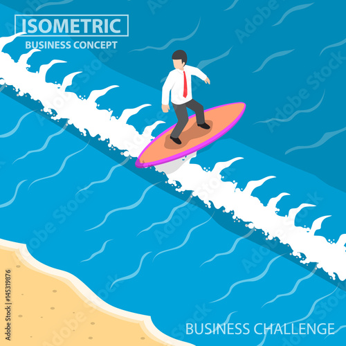 Isometric businessman surfing on the wave