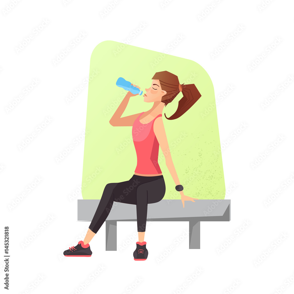 Exhausted woman dehydrated feeling exhaustion and dehydration from working out at gym. Female siting on a bench and drinking water. Vector illustration.