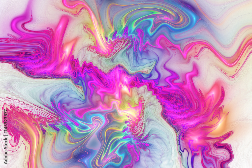 Abstract fantasy swirly texture. Psychedelic fractal background in pink, orange, purple and blue colors. Digital art. 3D rendering.