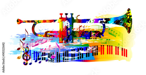 Colorful music background painting with trumpet, piano and musical notes 