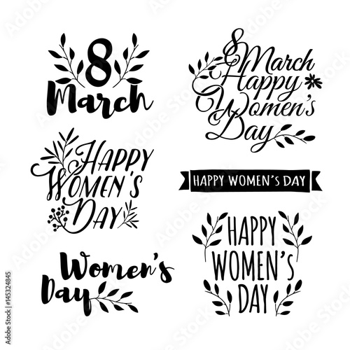 Set of monochrome logos to the International Women s Day. Signs  badges  titles for the Day on 8 March. The text for the greeting cards  posters  banners. Vector.
