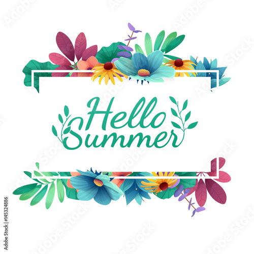 Design banner with  Happy summer logo. Card for summer season with white frame and herb. Promotion offer with summer plants, leaves and flowers decoration.  Vector