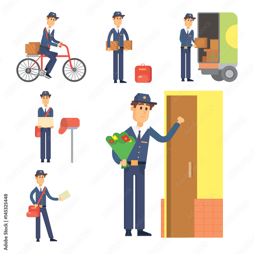 Postman delivery man character vector courier occupation carrier cute male package transportation.