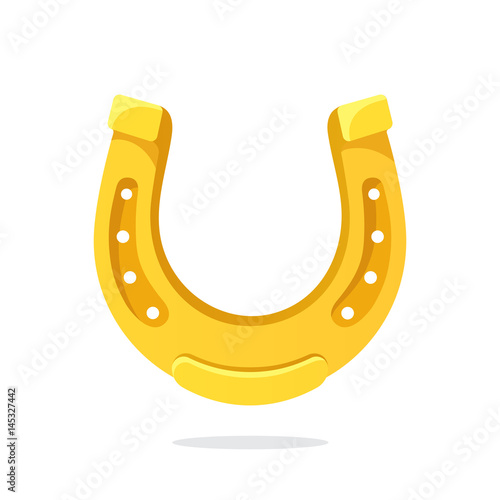 Vector illustration in flat style. Golden horseshoe for good luck. Decoration for greeting cards, prints for clothes, posters