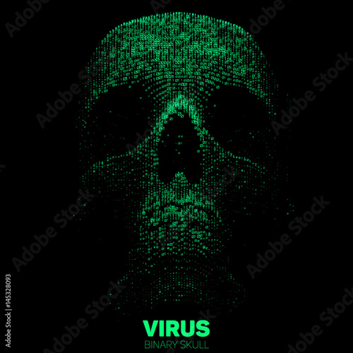 Vector skull constructed with green binary code. Internet security concept illustration. Virus or malware abstract visualization. Hacking big data image
