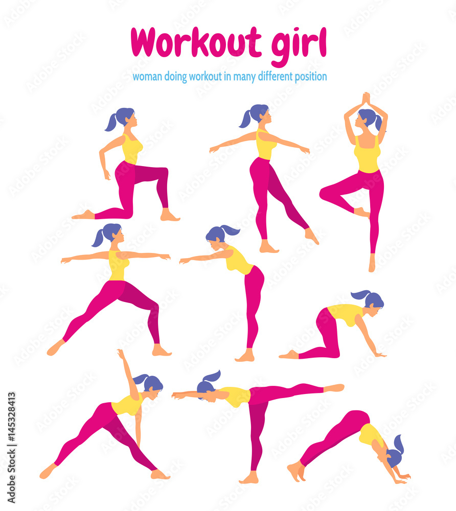 Body workout set. Woman doing fitness and yoga exercises. Pack o