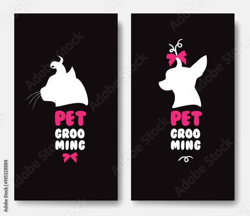 Business card template with silhouettes of cat and a dog on blac