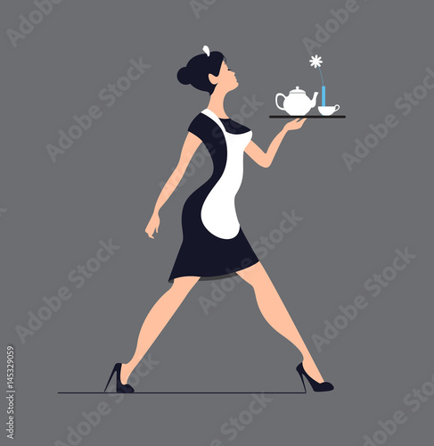 Waitress silhouette on a blue background. Slender girl carrying 