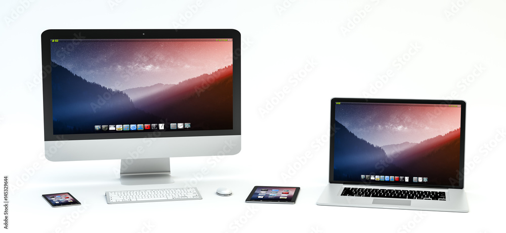 Modern computer laptop mobile phone and tablet 3D rendering Modern computer laptop mobile phone and tablet 3D rendering