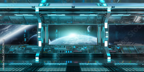 Fototapeta Naklejka Na Ścianę i Meble -  Spaceship interior with view on distant planets system 3D rendering elements of this image furnished by NASA