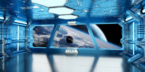Fototapeta Naklejka Na Ścianę i Meble -  Spaceship interior with view on distant planets system 3D rendering elements of this image furnished by NASA