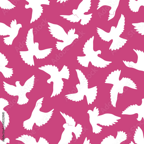 White doves seamless pattern on a violet background.
