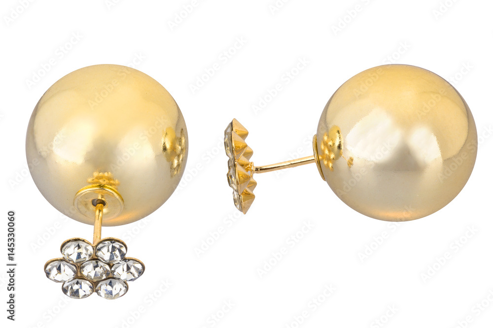 Pair of double golden earrings, with big pearl and small diamonds, isolated on white background, clipping path included