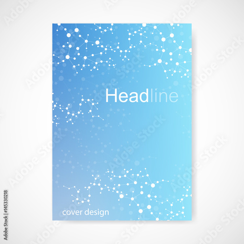 Scientific brochure design template. Vector flyer layout, Molecular structure with connected lines and dots. Scientific pattern atom DNA with elements for magazine, leaflet, cover, poster design.