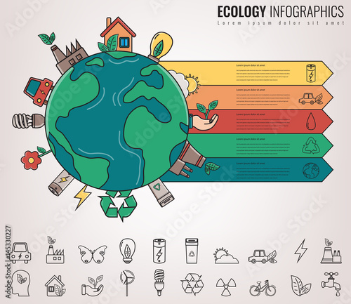 Ecology and environment infographics. Green planet with ecology icons. Hand drawn illustration. Vector