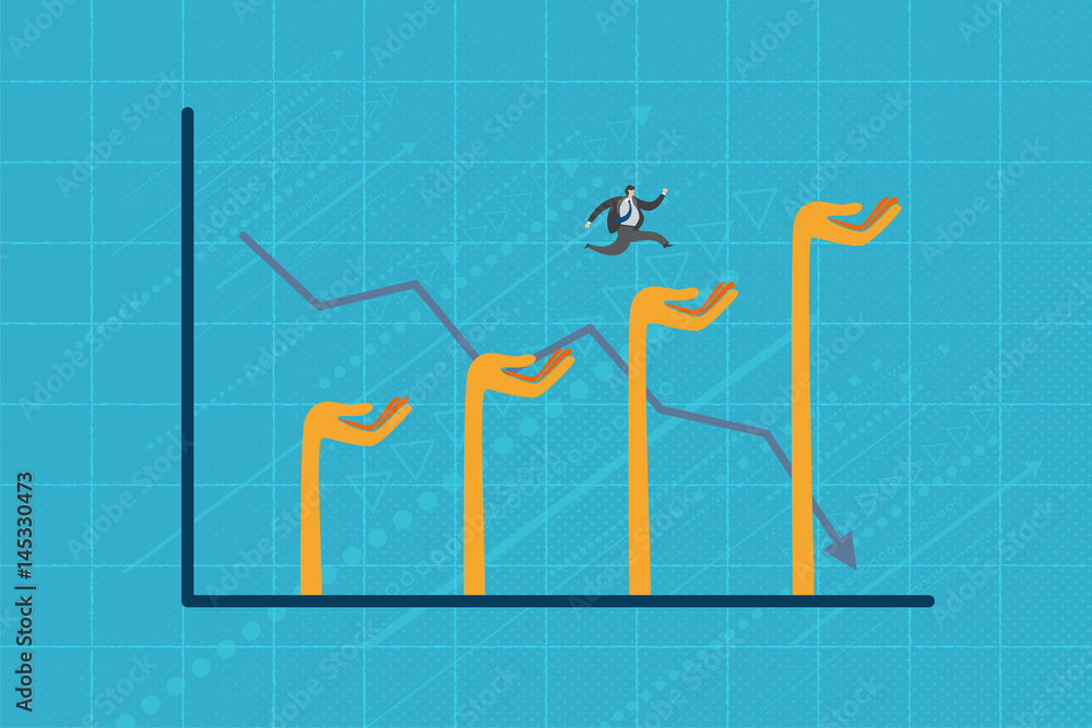 Obraz premium Business and investment concept. A businessman jump across the downward graph with many hands raise up to support and for protection.