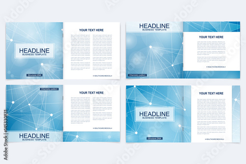 Templates for square brochure. Leaflet cover presentation. Business, science, technology design book layout. Scientific molecule background © pro500