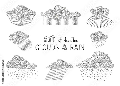 Vector set of doodles clouds and rain drops.