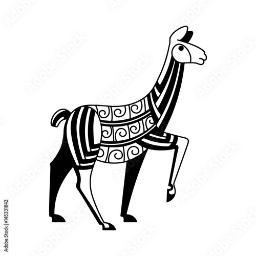Isolated ogo with stylized silhouette of llama. Decorative walking alpaca