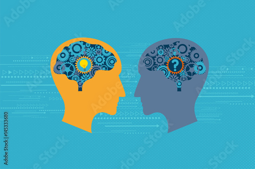 General Business and Management concept. Two heads talking to each others. One has question mark inside the brain while another has light bulb inside the brain.