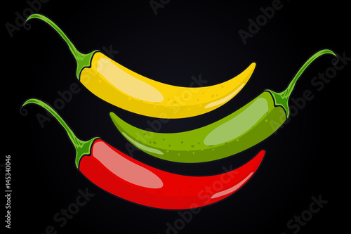  Chile pepper. green, yellow and red.  vector illustration. black background.