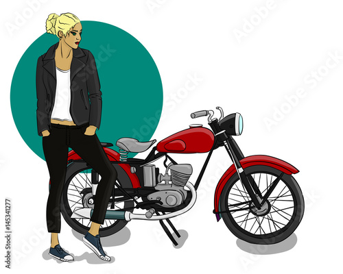 A blonde girl dressed in a black leather jacket  jeans and sneakers stands next to a red motorcycle eps 10 illustration