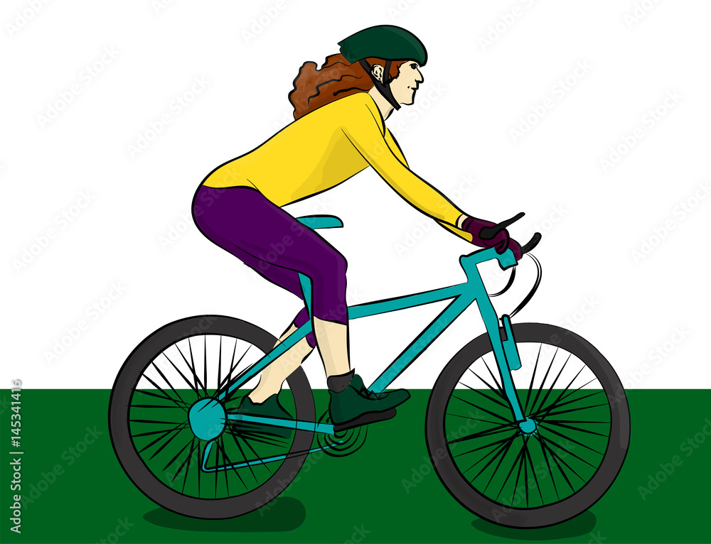 Naklejka premium A girl with long hair dressed in a yellow sweater and purple breeches riding a blue bike. Cyclist eps 10 illustration